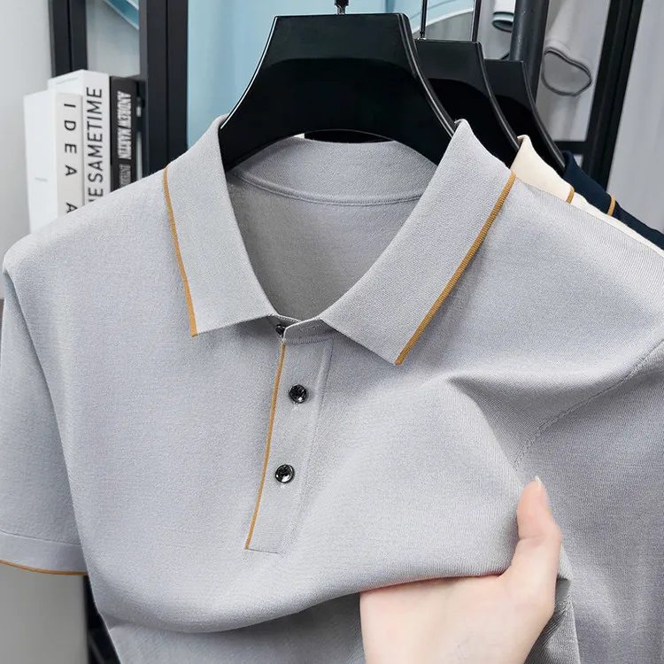 Summer linen 3% mulberry silk 3% Solid color pullover polo shirt for middle-aged men breathable lapel knitted T-shirt