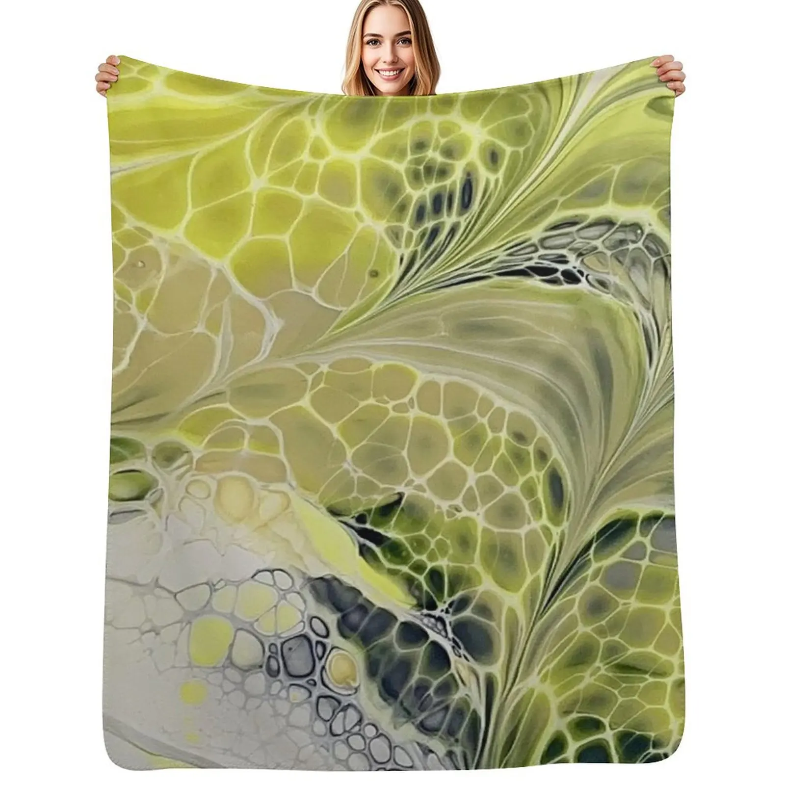 Yellow and Grey Abstract Fluid Art with Cells by Crystal Coast Originals Throw Blanket Luxury for sofa Decoratives Blankets