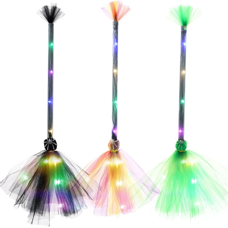 Halloween Decorations Witch Broom with LED Lights Props Children Cosplay Gift