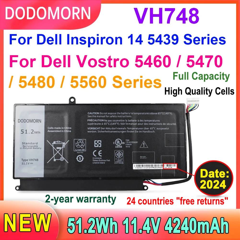 DODOMORN New Laptop Battery VH748 For DELL Vostro 5460 5470 5560 14 5480 For Inspiron 14 5439 V5460D-1308 V5460D-1318 5470D-1328