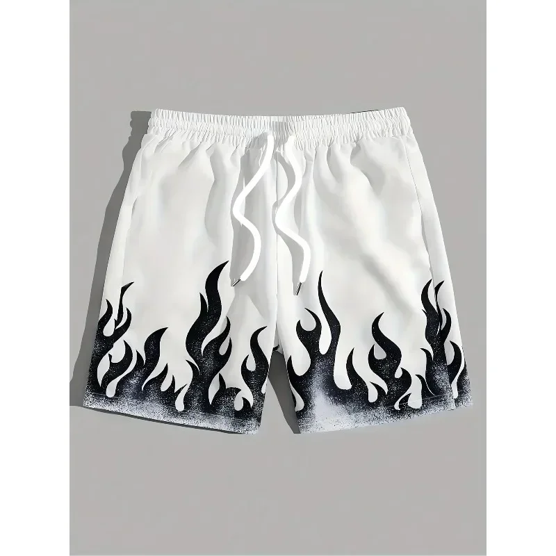 Men's Fashion Printed Beach Shorts, Flame Printed - Casual Polyester Drawstring Waist, Light and Comfortable in Summerdvv