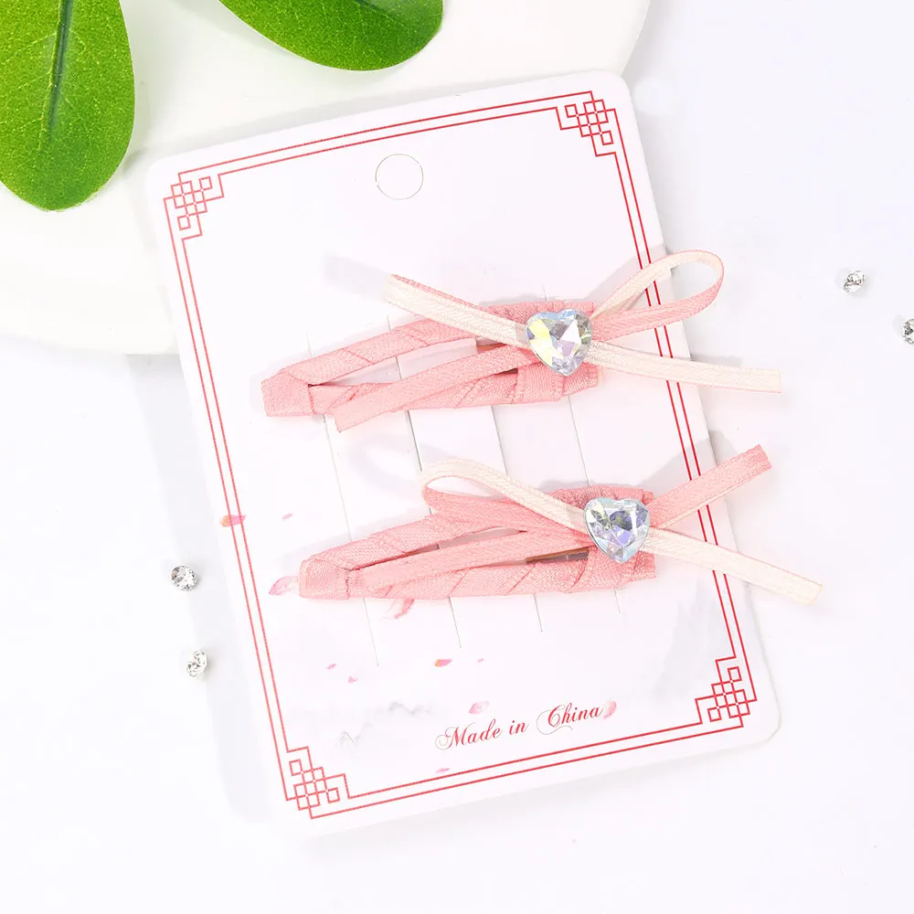 2Pcs Pink Bow BB Hair Clips For Girls Sweet Princess Rhinestone Hairpin Simple Snap Barrette Children Flower Y2K Styling Tool