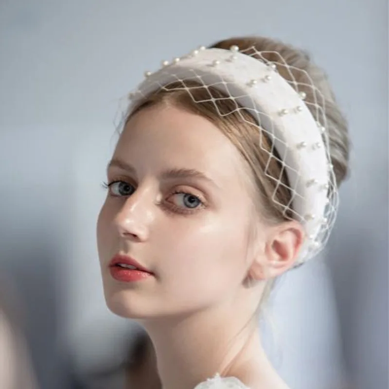 Women Padded Headband with Veil, Bridal Pearl Headband Wide Hair Band Wedding Party Showgirl Headpiece