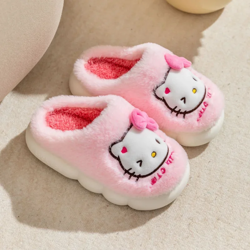 Hello Kitty Cotton Slippers Kawaii Children Winter Warm Plush Shoes Cute Kids Indoor Non-Slip Furry Slippers Warm Slippers Gifts