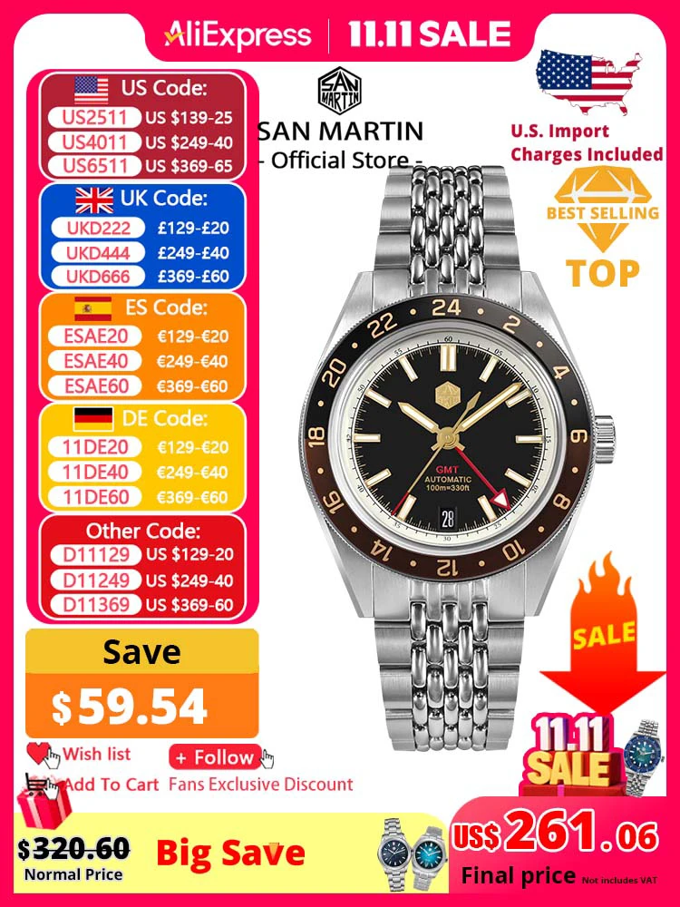 

San Martin New 39.5mm NH34 GMT Men Watch Bidirectional Aluminum Bezel Luxury Automatic Mechanical Sapphire 10Bar Luminous SN0116