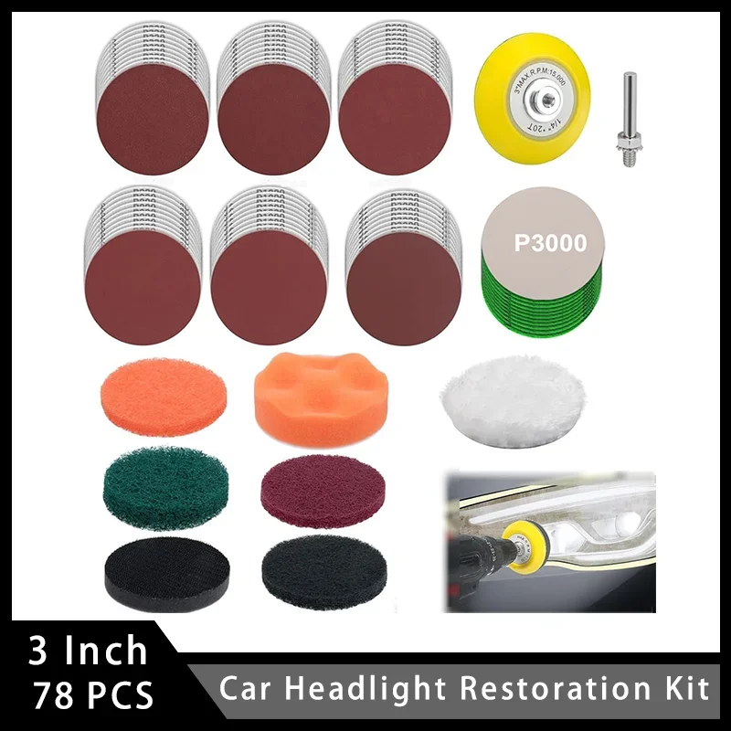 3 Inch Car Headlight Restoration Kit 78 Pcs Hook and Loop Sandpaper Buffing Pads with Rotary Tools Universal for all Type of Car