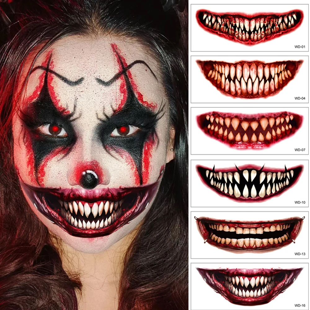 Halloween Scary Big Mouth Tatuagem Temporária, Adesivo Impermeável, De Longa Duração, Não Estimular, Segurança, Enviado Aleatoriamente, 18 Estilos