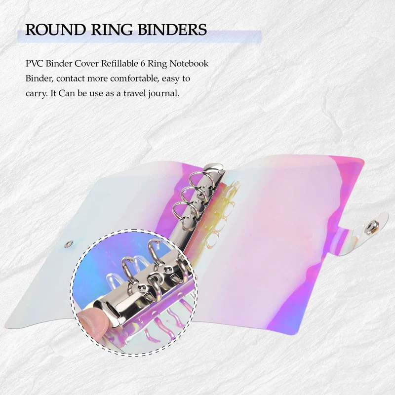 2 Pcs A6 6-Ring Rainbow Clear PVC Binder Cover Refillable Notebook Binder Protector Loose Leaf Planner Binder Cover Multicolor