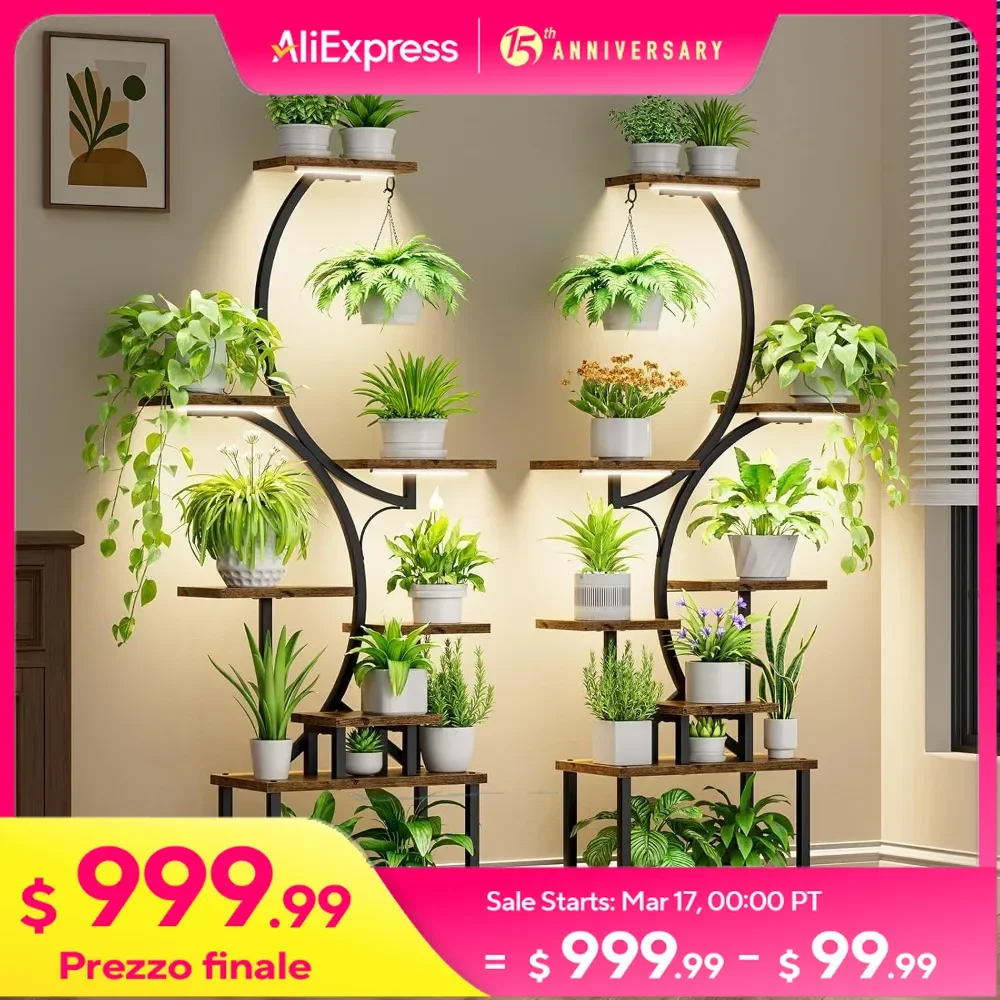 8 Tiered Tall Plant Stand with Grow Light, S-Shape Metal Plants Flower Holder Stands, 62