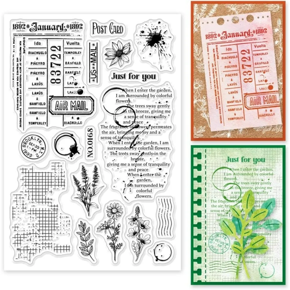 Vintage Plants Stains Background Clear Stamp Text Words Clear Rubber Stamps Silicone Stamps for DIY Scrapbooking Photo Album