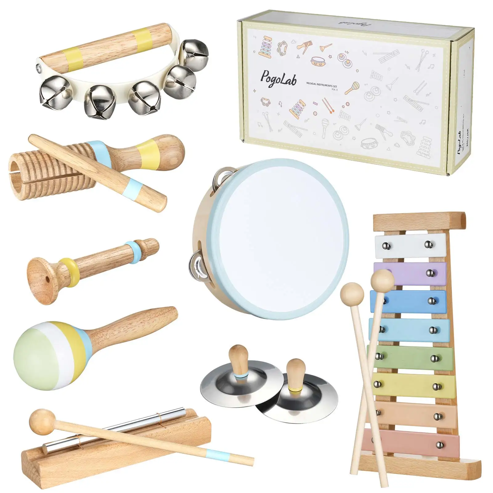 Pogolab Baby Musical Instruments Wooden Toys Montessori Percussion Instruments Drut Set Wooden Toys for Kids Maraca Xylophone