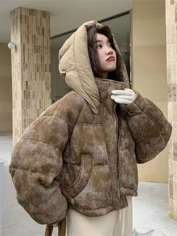 

Winter Short Tie Dye Hooded Down Jacket Women White Duck Down Zipper Puff Parker Outwear Female Thicken Warm Loose Pocket Jacket