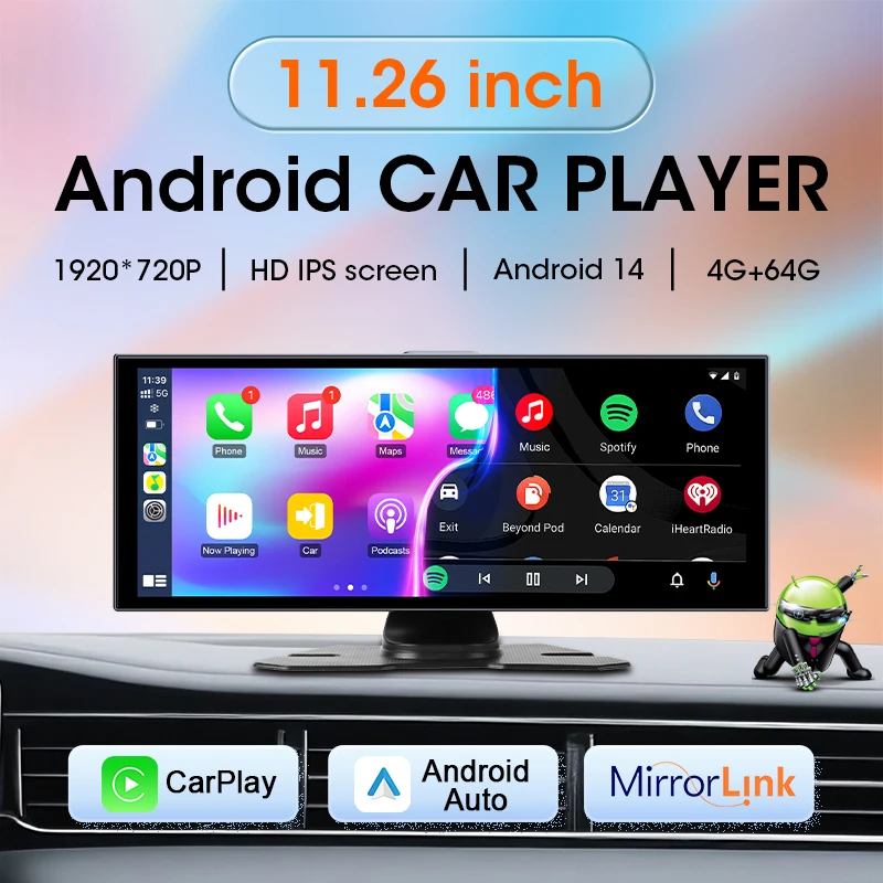 11.26 polegadas Dash Cam 4G + WIFI Android 14 8Core 4G + 64G Carplay Android Auto Car DVR 1080P Gravação Suporte Youtube Netflix