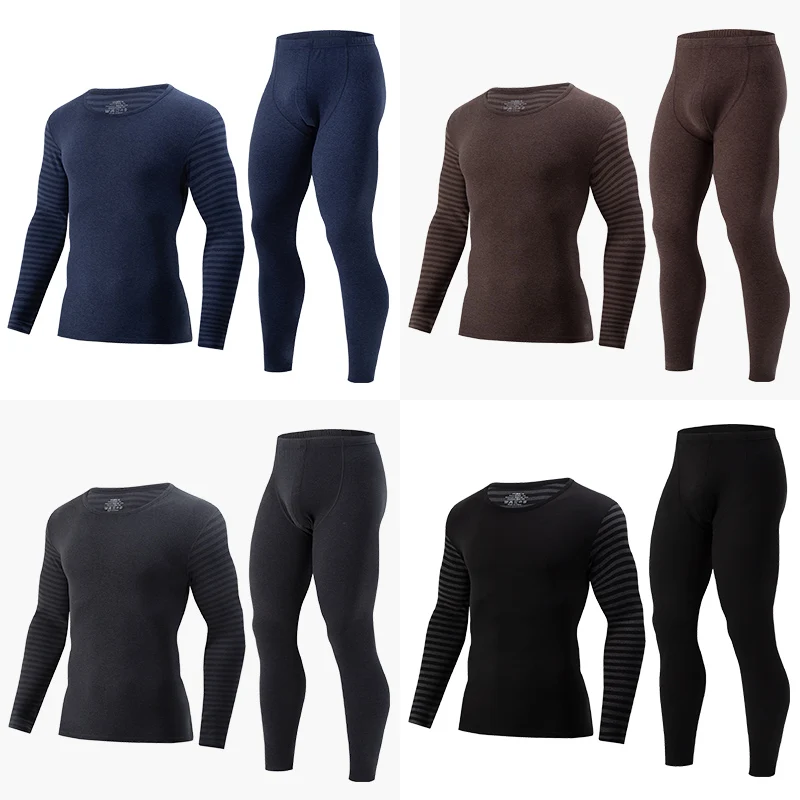 

2-piece plus size men's fall/winter thermal underwear set fashion simple sleeve striped long-sleeved trousers casual pajamas set