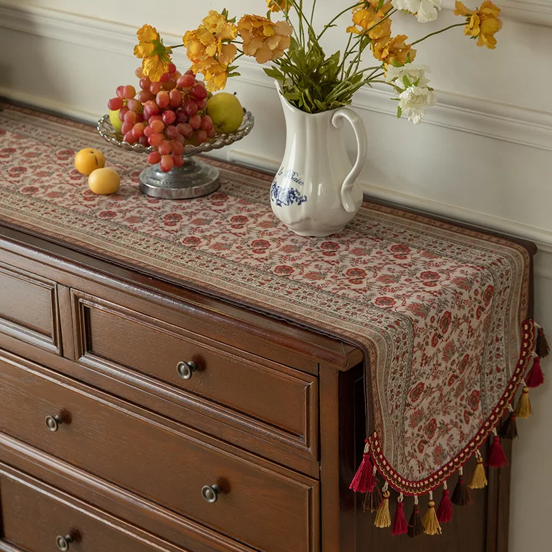 Light Luxury Homestay Dining Table Flag Tea Room Cabinet Cover Cloth Flower Tassel Flag Cloth Retro Long Tablecloth