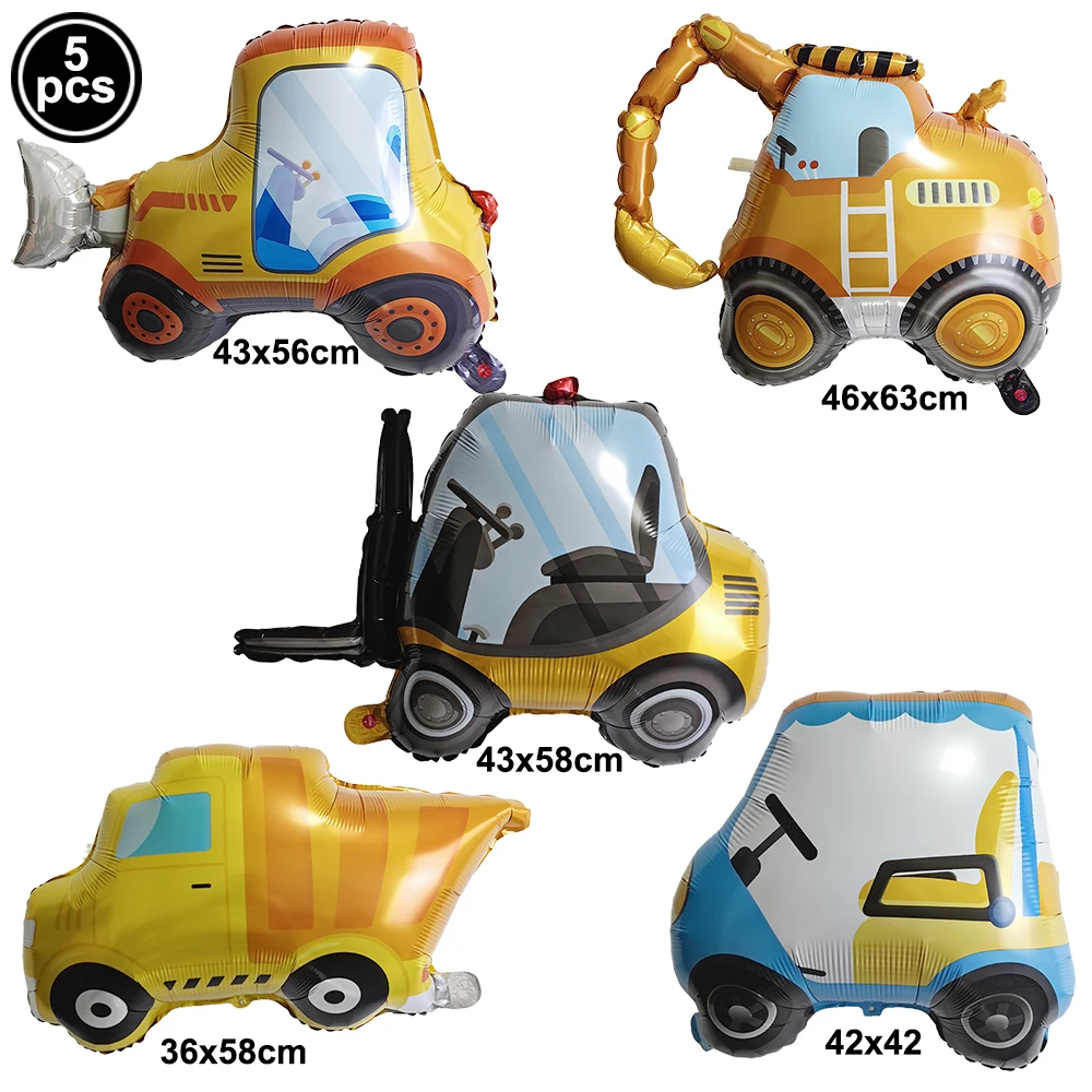 5 Stück Bauparty-Ballon, Karton, Fahrzeug, Ballon, Bagger, Gabelstapler, Kran, Luftballons für Bau- und Geburtstagsfeier des Jungen – Detail 2