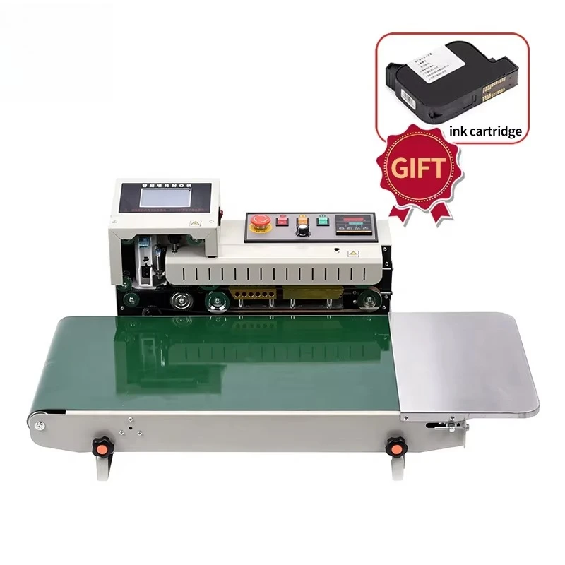 Continuous Belt Conveyor Sealer Widen Print logo Coding Custom Cartridge Ink Emergency Stop Horizontal Inkjet Sealing Machine