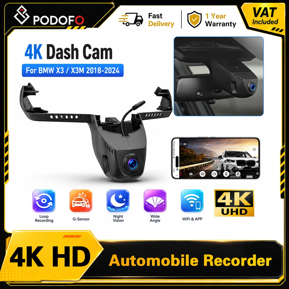 Podofo 4K Dashcam Fahrzeug-Videorekorder Auto-Blackbox 150 °   Weitwinkel-DVR passend für BMW X3 X3M Chassis G01 Sdrive30i Xdrive30e M40i Competition 2018-2024, WiFi, Regensensor, Plug & Play,