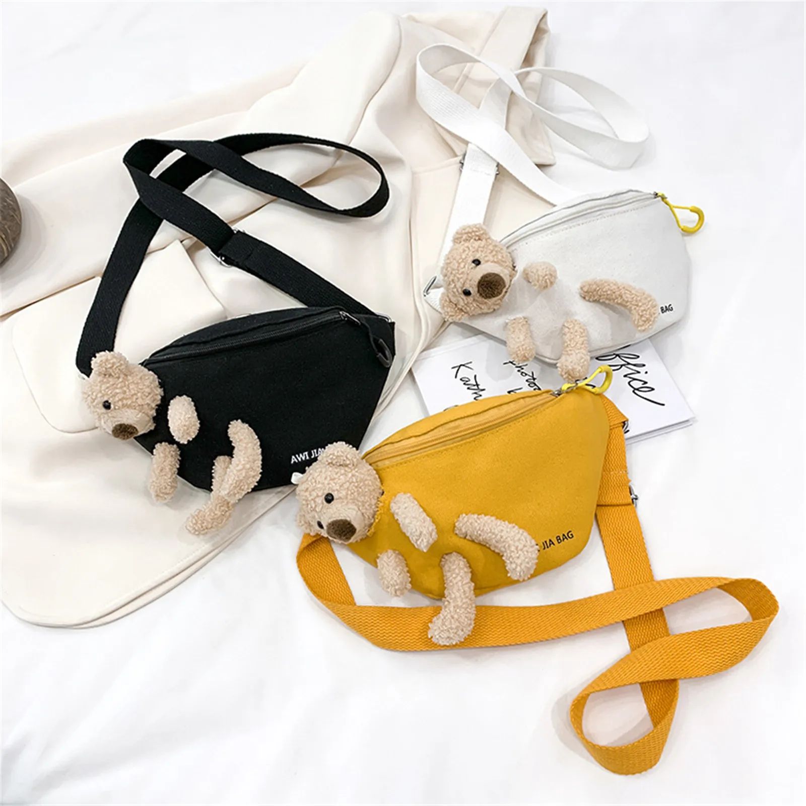 Cute Bear Waist Bag para mulheres, Monocromático Fanny Pack, Banana Hip Purse, Designer Crossbody Chest Bag, Canvas Belt, Feminino, Amarelo, Preto, Novo