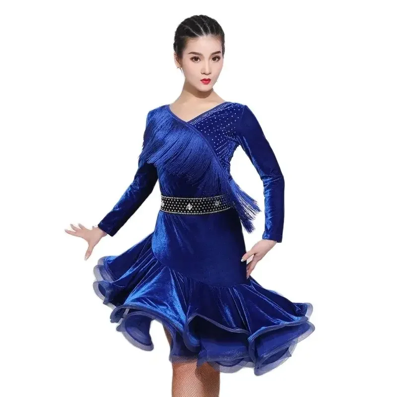 2023 Latin Dance Dress Sexy Tassel Dresses Set Adult Women \'s Autumn Winter New Long Sleeve Professional Performance Dress