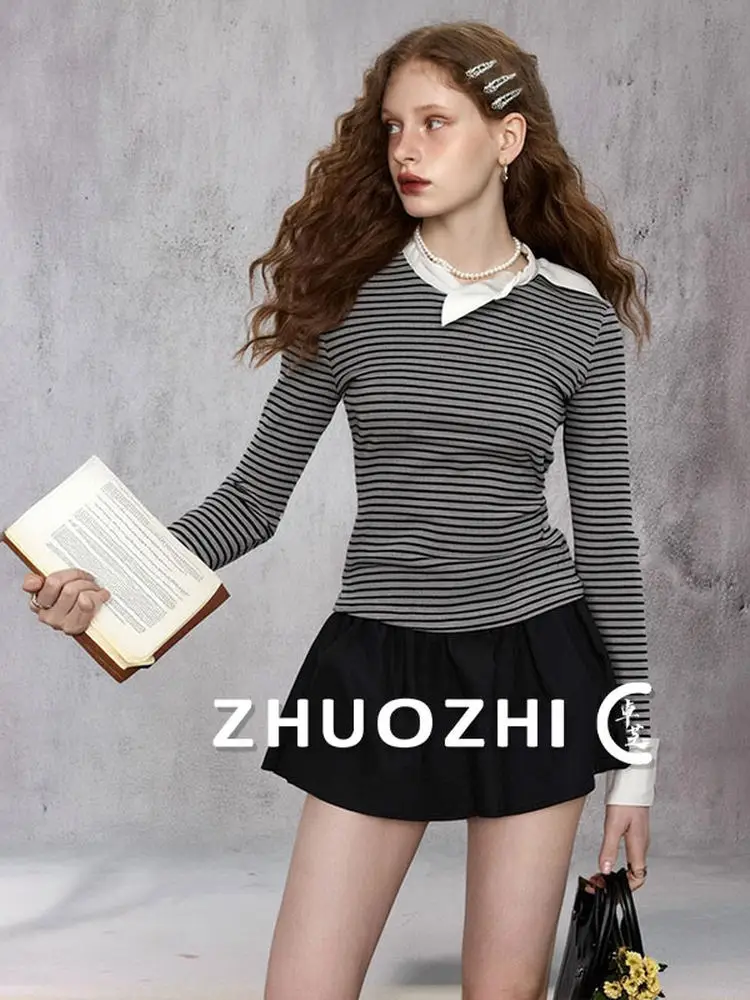 

Женская базовая футболка-имитация двойки с длинным рукавом ZhuoZhi Design, новая зимняя коллекция, с бантом, во французском стиле, креативный дизайн