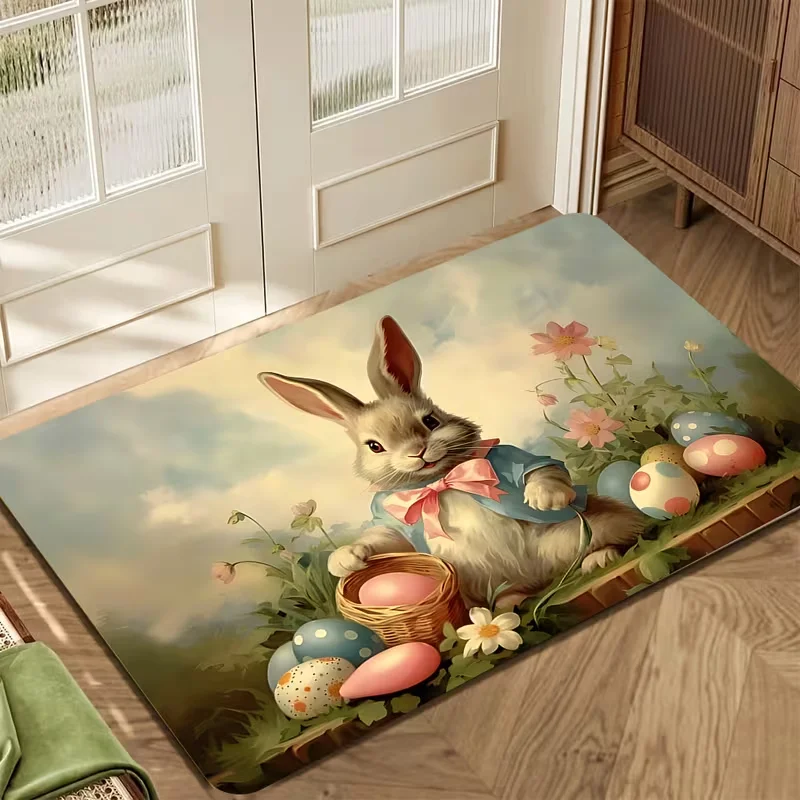 Cartoon Easter Bunny Eggs Pattern Door Mat Machine Washable Non Slip Rectangle Shape for Home Holiday Decor Kitchen Welcome Rug