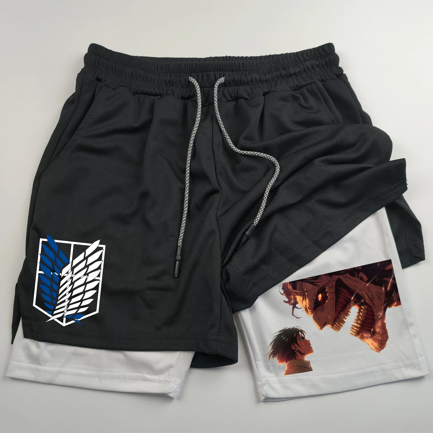 2-in-1 sports shorts anime Attack on Titan men\'s shorts quick drying breathable sports fitness shorts outdoor running gym short