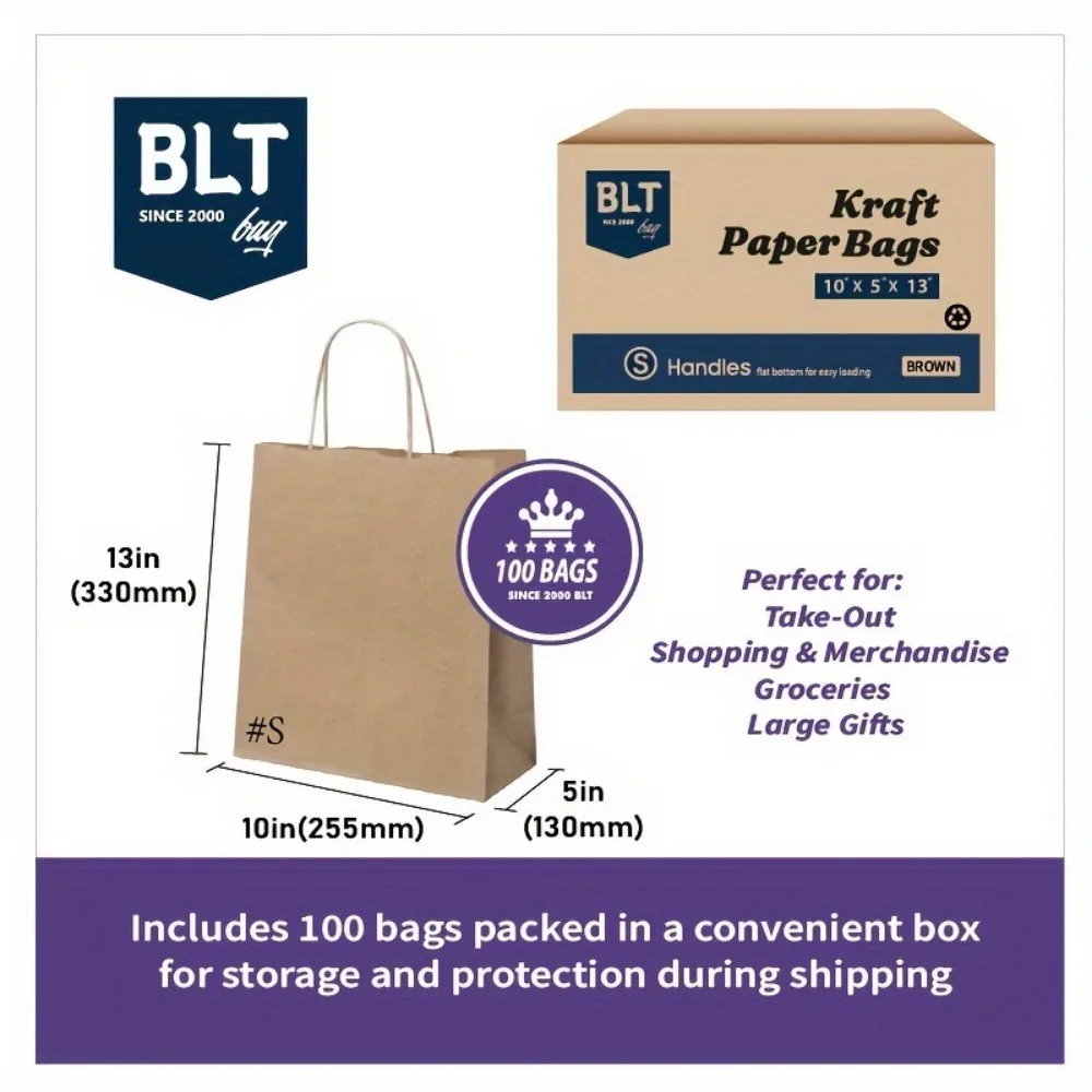 250Pcs BLT Brown Paper Bags with Handles Bulk 13×10×5 Inch Gift Bags Bulk, Brown Kraft Paper Bags, Shopping Bags, SOS Bags,