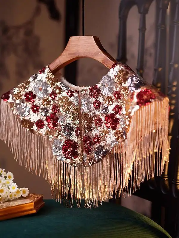 

New Heavy Craft Sequin Lace Short Coat Super Shiny Round Neck Shawl Heavy Craft Tassel Cape Vest