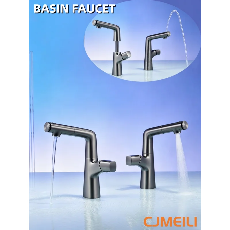

Bathroom brass Pull-out mixer tap, single hole, 360° rotation, height adjustment single handle basin faucet,Gun grey