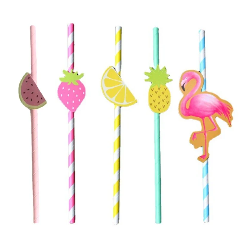 10PCS Summer Straw Party Hanging Card Flamingo Fruit Series Straw 19cm Cartoon Style Decoration Drink Straw Disposable Tableware