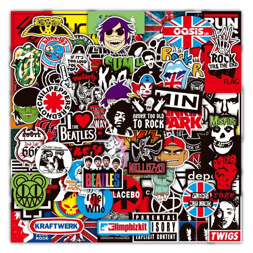 100 pegatinas de bandas de rock and roll, pegatinas punk de grafiti para laptop, guitarra, casco, equipaje, pegatinas doradas de recuerdos.