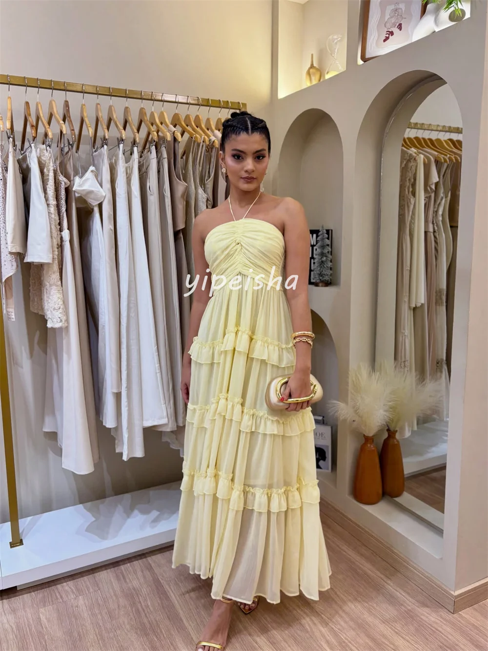 Customized Sexy Fashion Chiffon Pleat Ruched Tiered A-line Halter Midi Dresses Evening Dresses Sizes Available High Quality