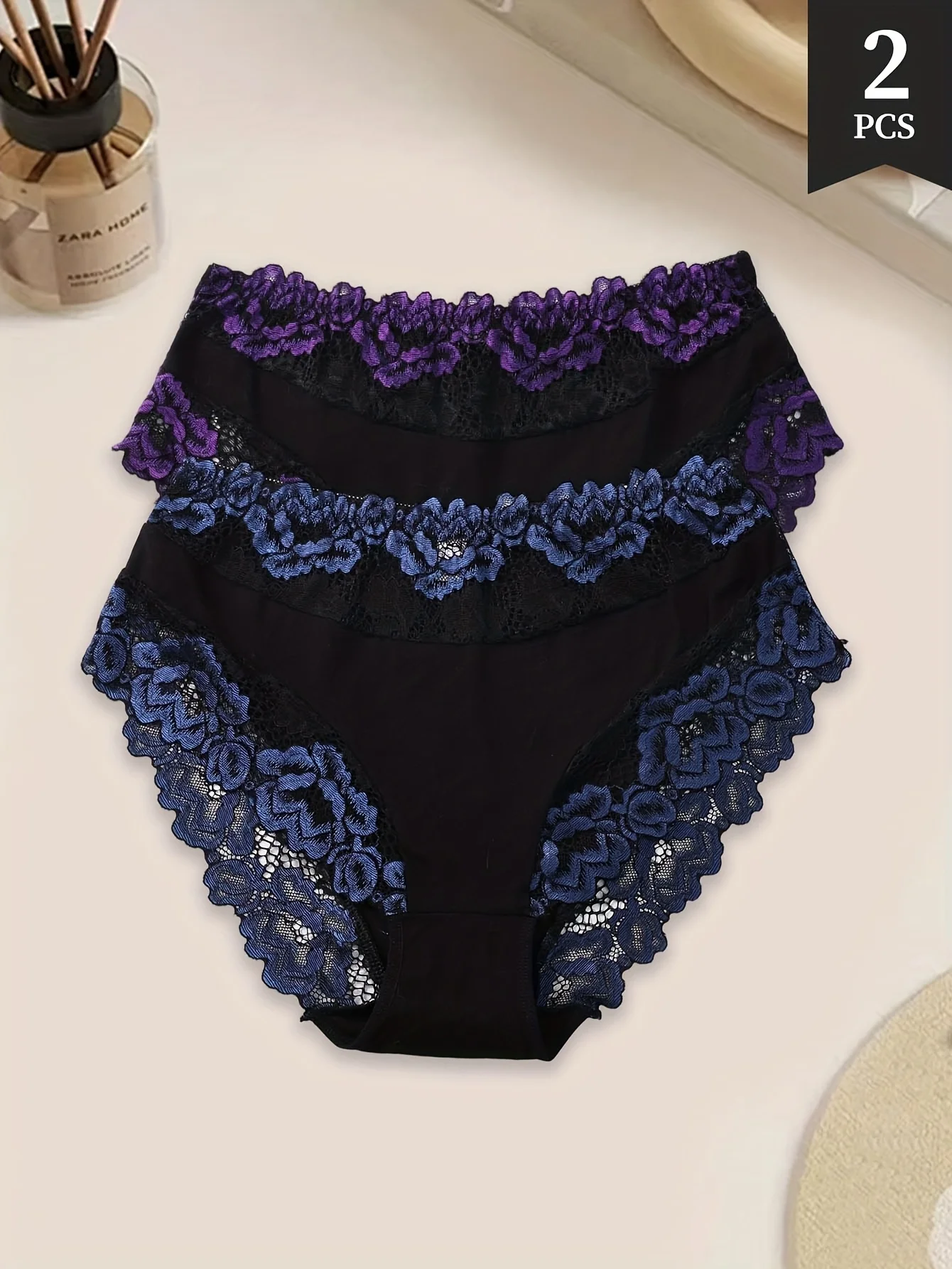 2pcs Women's Lace Panties Breathable Comfortable and Elastic Briefs Delicate Floral Trim Elegant and Sexy Design Underwear