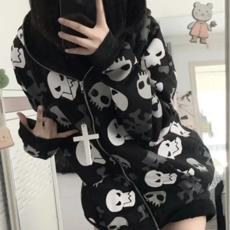 Subculture Punk Streetwear Autumn Winter Skull Print Hoodie with Hooded Woman Casual Zipper Coat Black Rock Cool Sweatshirts