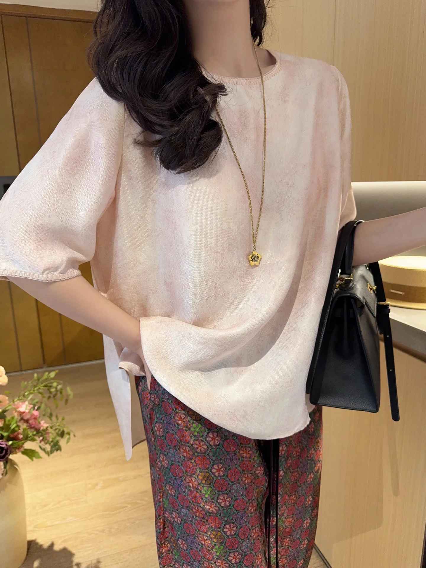 

Шелковая женская футболка с круглым вырезом и коротким рукавом, окрашенная в технике Zhan Dyeing, летняя, новая, в китайском стиле, дышащая, комфортная.