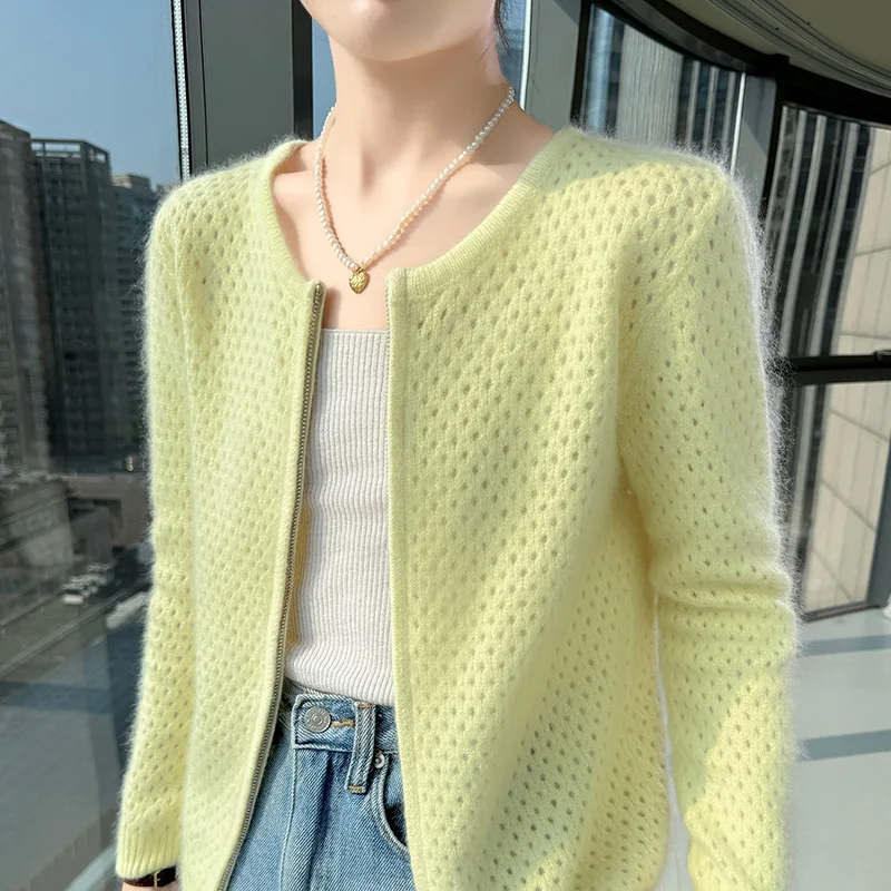 

Autumn And Winter mink Wool Zipper Long Sleeve Knit Cardigan Women's Coat V-neck Sweater Loose Thick Bottoming