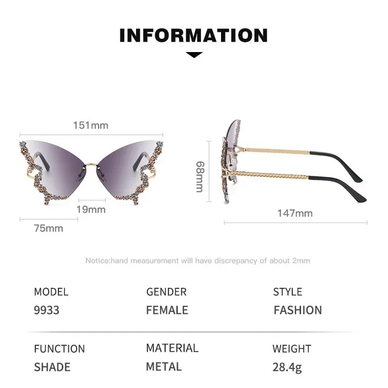 Gafas De Sol De mariposa con diamantes De lujo para mujer, Gafas De Sol De gran tamaño sin montura Vintage Y2k, Gafas De Sol para mujer