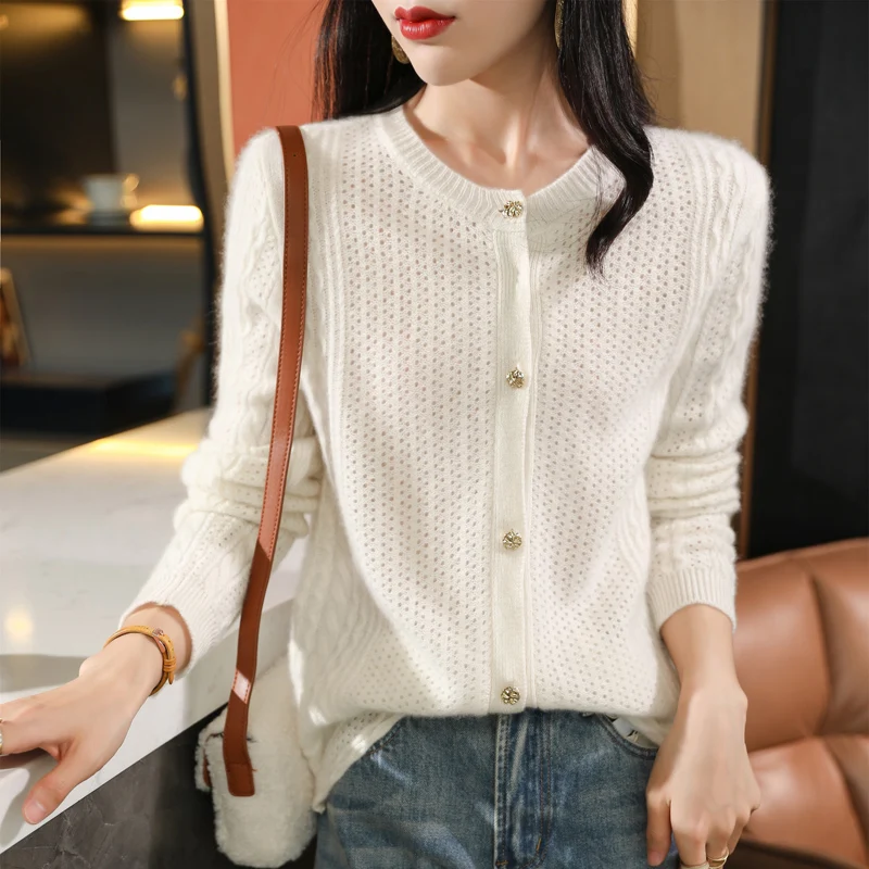 100% Merino wool new autumn and winter women's sweater crewneck cardigan Fashion Chinese style warm bottom knit shirt top