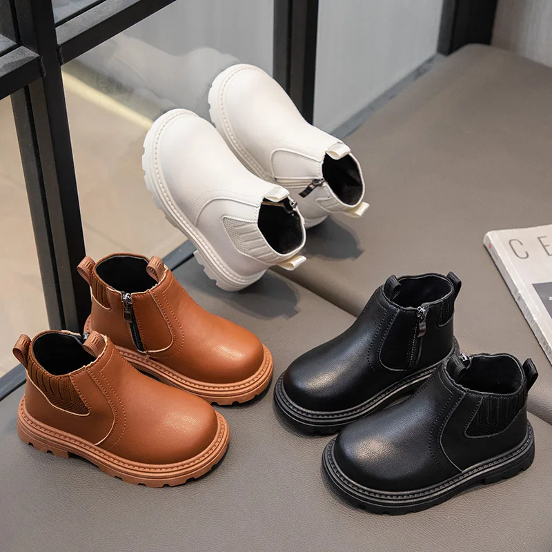 Autumn Winter Kid Non-Slip PU Leather Boots Boy Girl Soft-Soled Short Boots Lightweight Outdoor Shoes Baby Children Casual Shoes