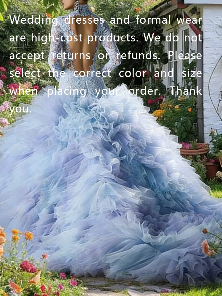 Robes de mariée sirène en dentelle bleu ciel, col haut exquis, manches longues, à plusieurs niveaux, personnalisées