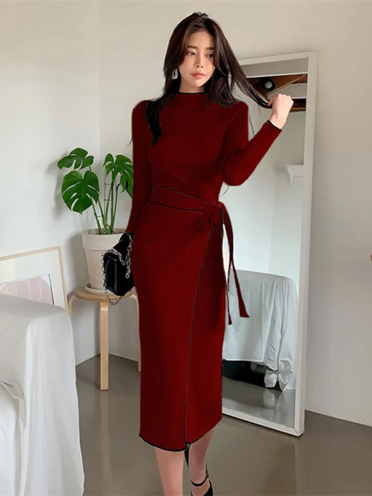 Elegant Knitted Dress Women Fall Winter New Warm Half Turtlenck Off shoulder Long Sleeve Sashes Bow Wrap Hip Sweatrer Robe Femme