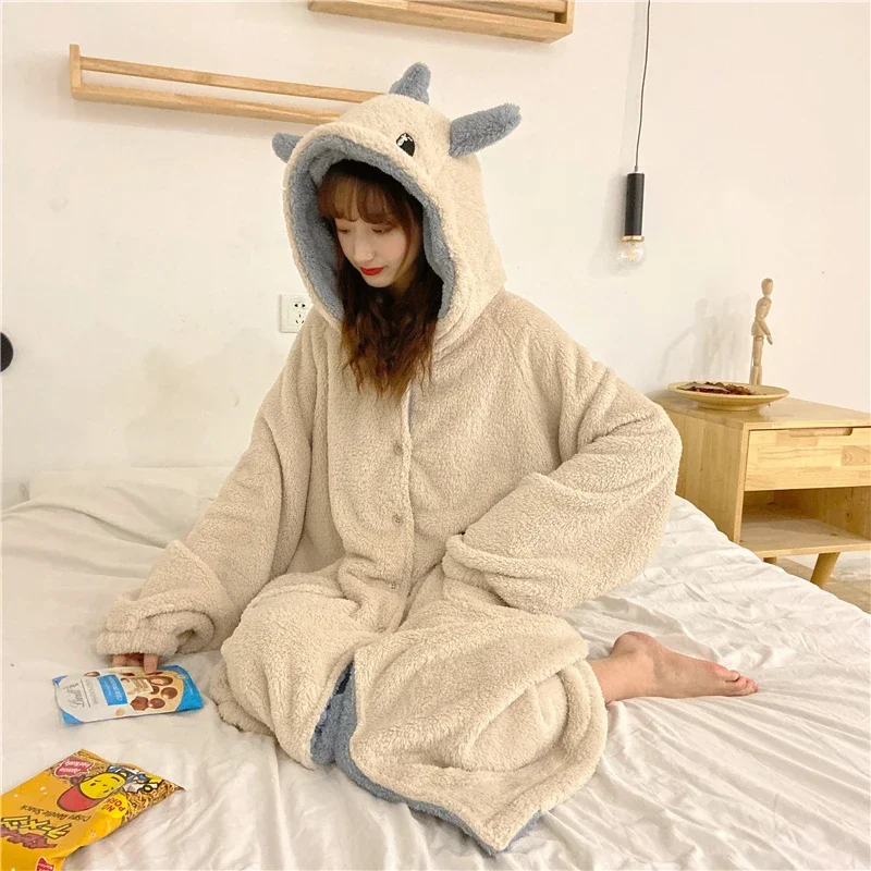 Autumn Winter Women Cute Pajamas Cartoon Ears Hooded Sleepwear Coral Fleece Lady Home Clothes Female Sweet Warm Lounge Pyjamas