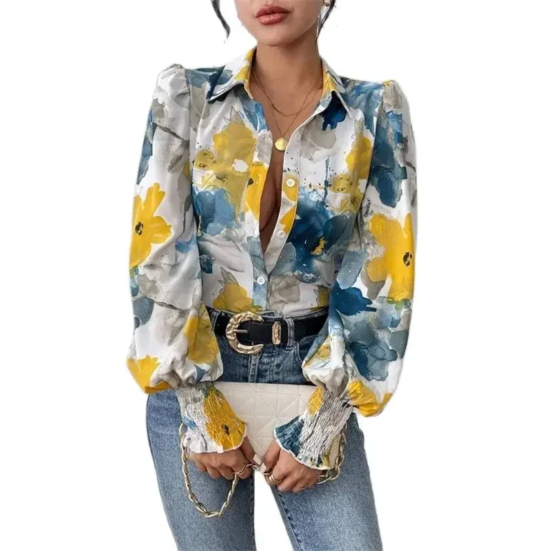 

Spring Autumn Lapel Single-breasted Cardigan Shirt Elegant Women Inked Flower Print Loose Blouse Female Bubble Long Sleeve Tops