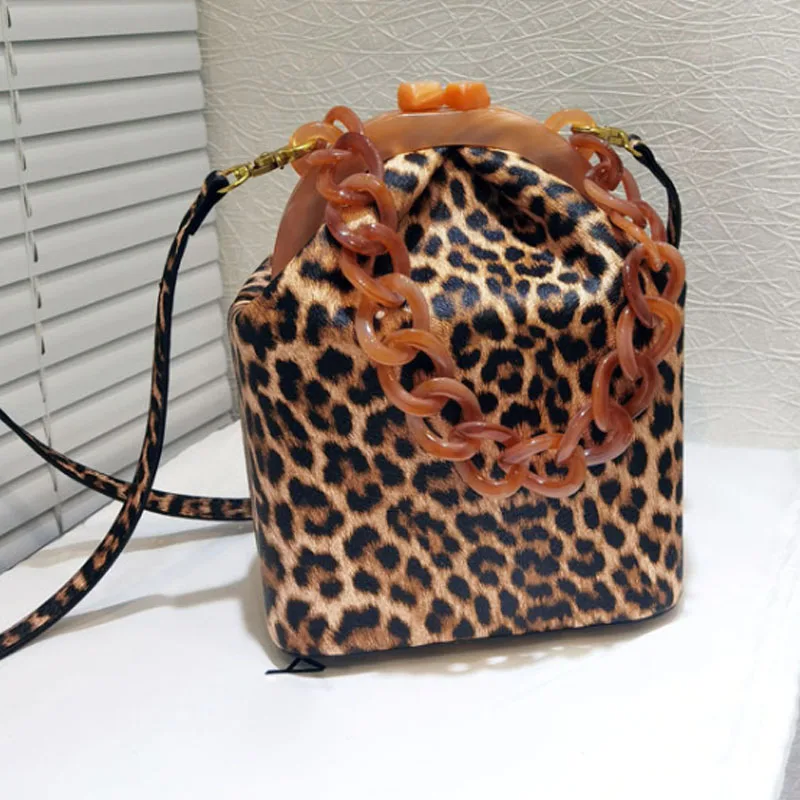 Brown Leopard print design bucket bag chain strap crossbody bag 2024 new clip women handbag shoulder bag