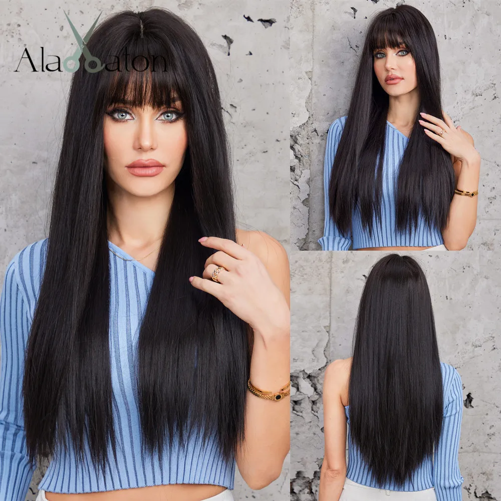 ALAN EATON Black Synthetic Wigs with Bangs Long Straight Black Wig High Temperature Fiber Wig for Daily Cosplay Hair Women Use