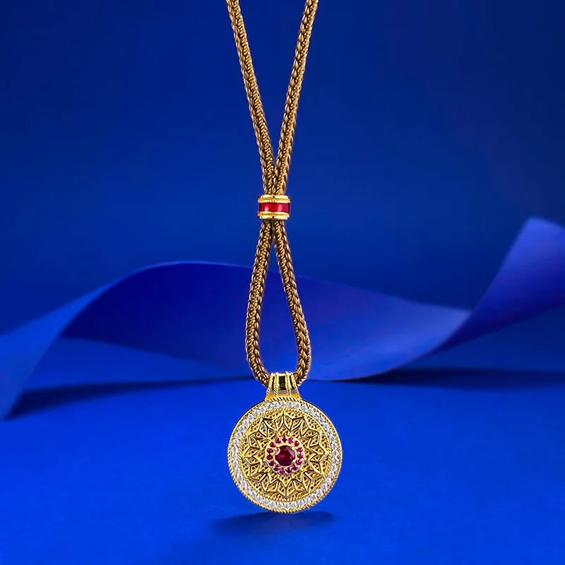 

New S925 Silver New Chinese Ancient Method Eight Treasures Compass Necklace Pendant Luxury Brown Rope