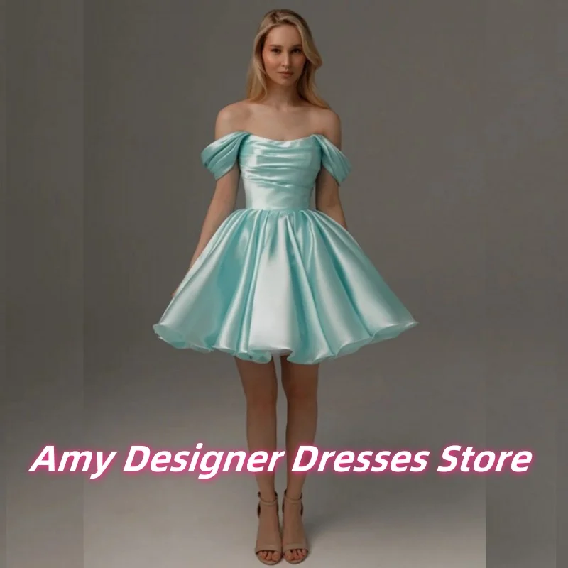 

Mint Green Flowing Satin Off The Shoulder Birthday Party Dresses For Arabic Girls Short Prom Dress Graduation Gowns Customized