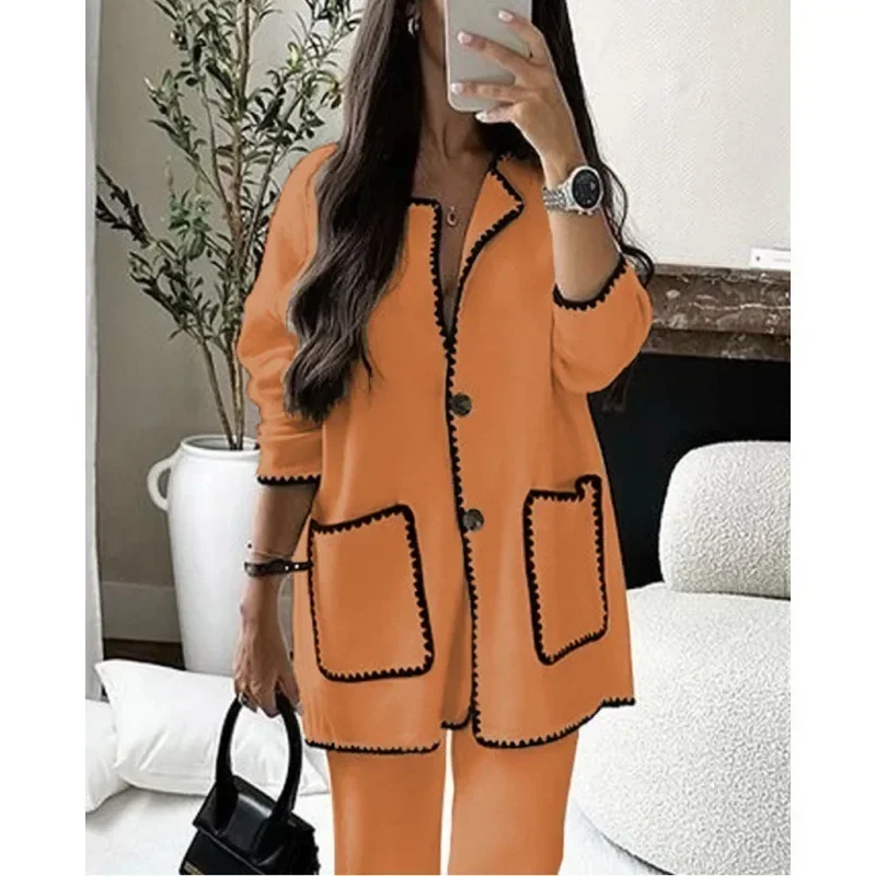 Elegant Chic Female 2024 Fashion Long Sleeve Pocket Coat Loose Pants Suit Outfits Streetwear Autumn Women Woolen Two Piece Set