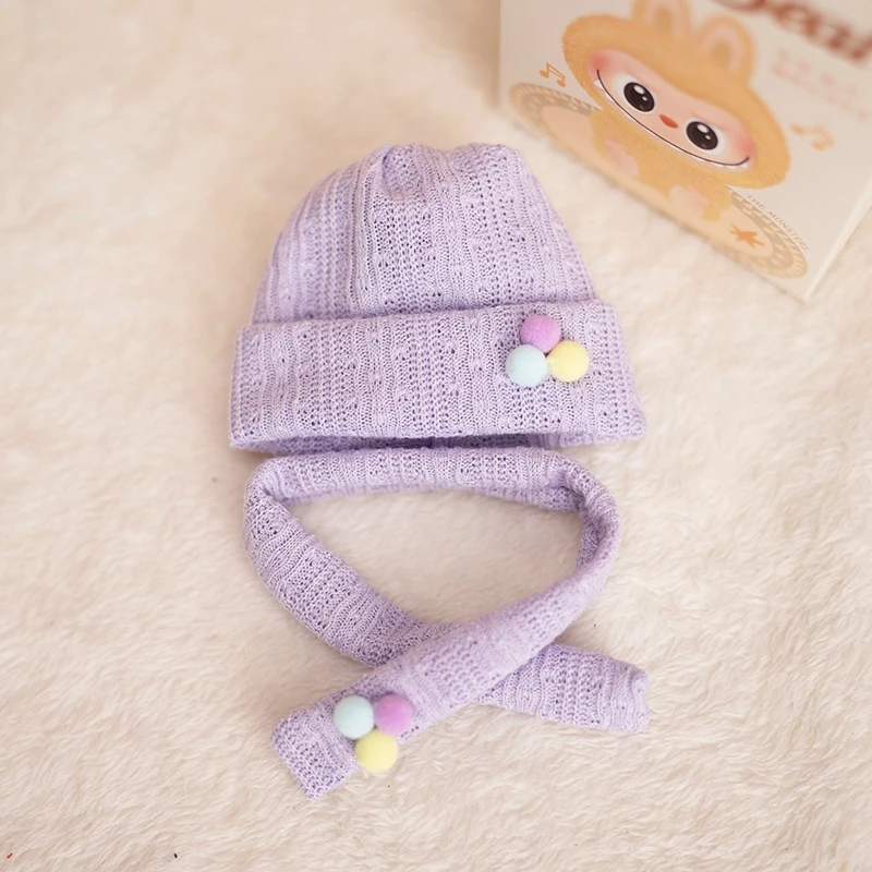 Doll Hat for 17cm Labubu Doll 4 Colors Knitted hat and Scarf Kawaii Cute Doll Accessories Kids Girls Toys